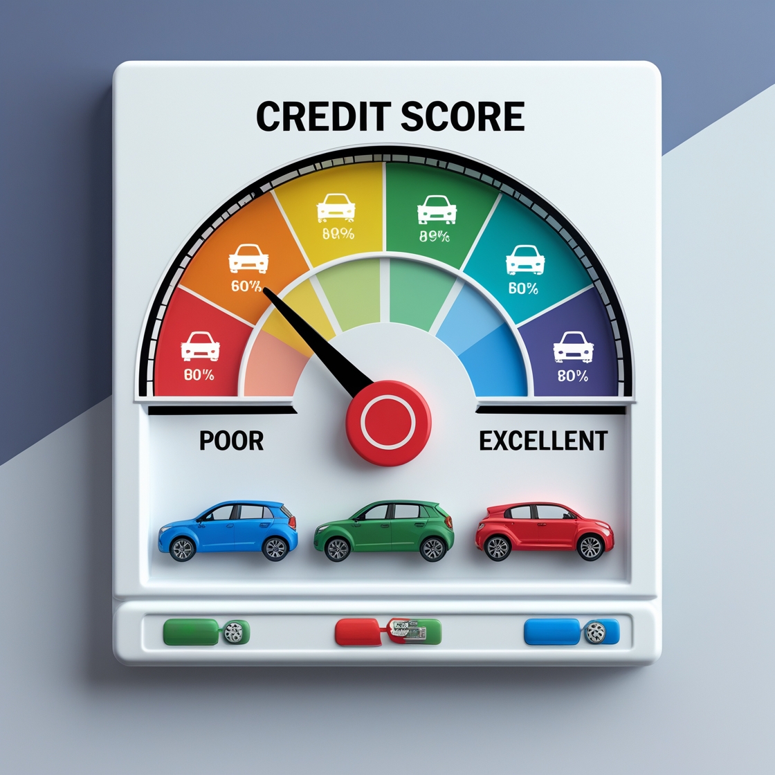 Comprehensive credit score infographic showing impact of credit ratings on car loan interest rates, with color-coded score ranges from poor to excellent